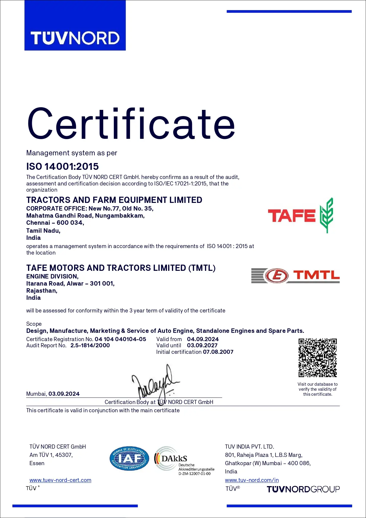 Tafe power ISO 14001 certified for powerful engine