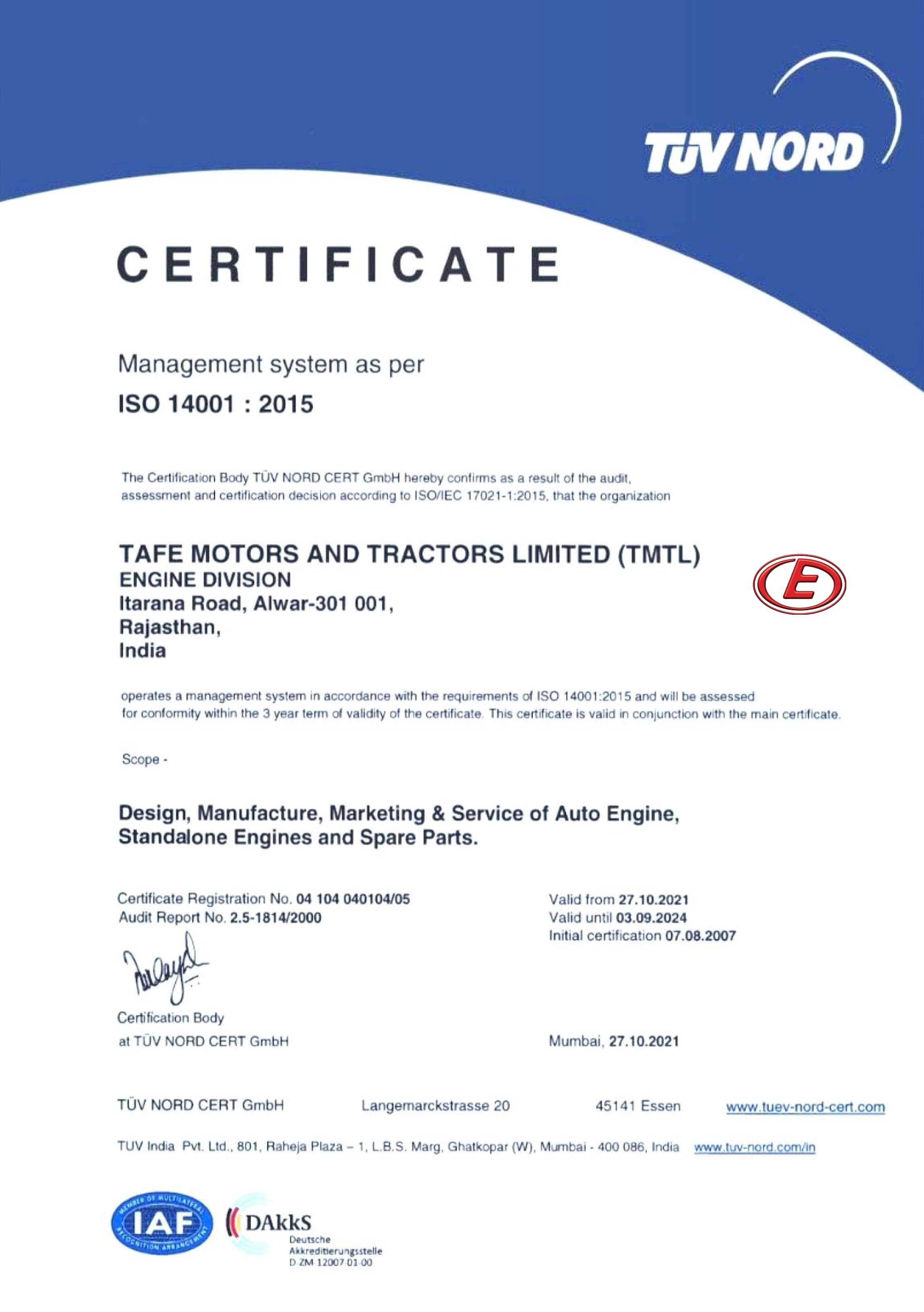 Tafe power ISO 14001 certified for powerful engine