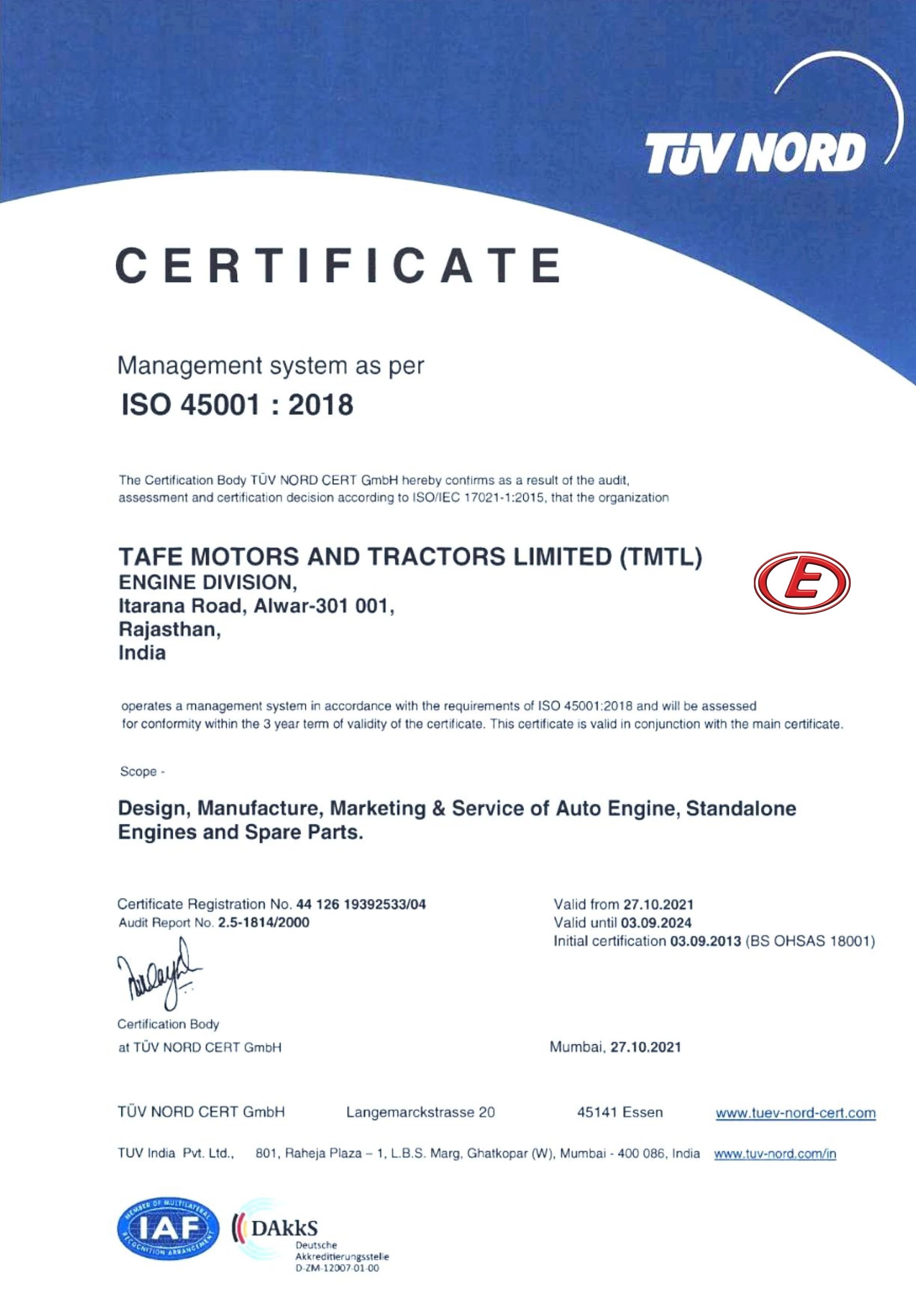 Tafe power ISO 45001 certified for Industrial Engine